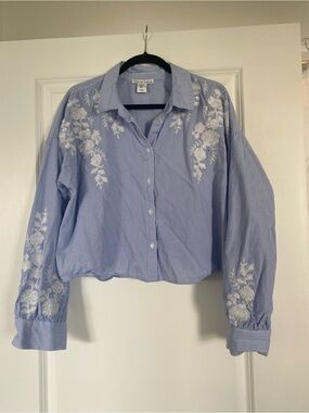 Christian Lacroix Light Blue and White Striped Embroidered Button-Down Blouse